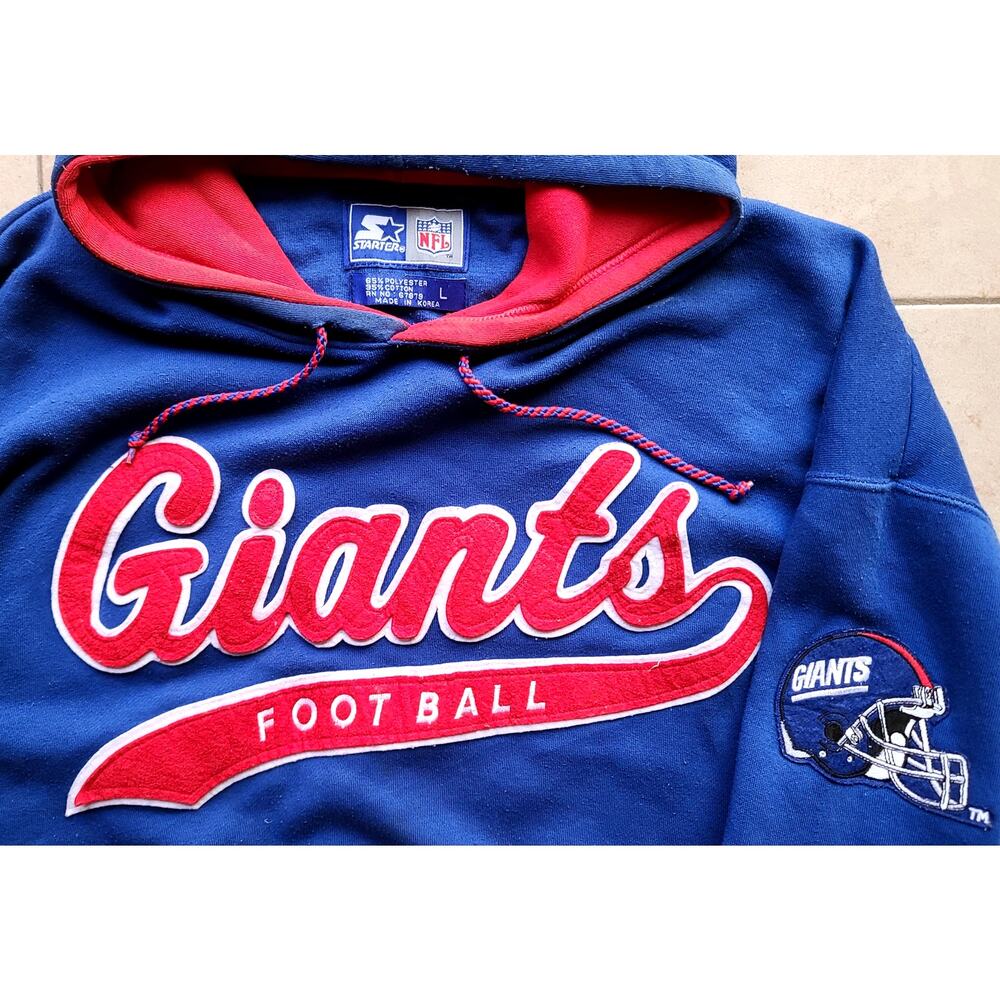 New York Giants 90s STARTER hoodie Script sweatshirt L blue red NFL football vtg